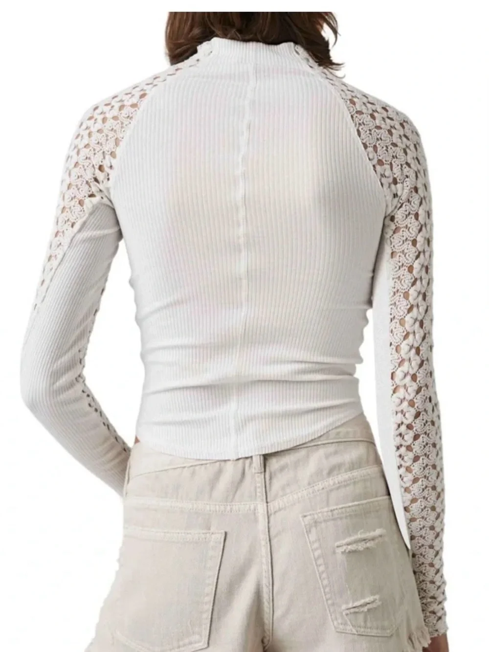 Free People Clemente Mixed Media White Mock Neck Crochet Lace Sleeves